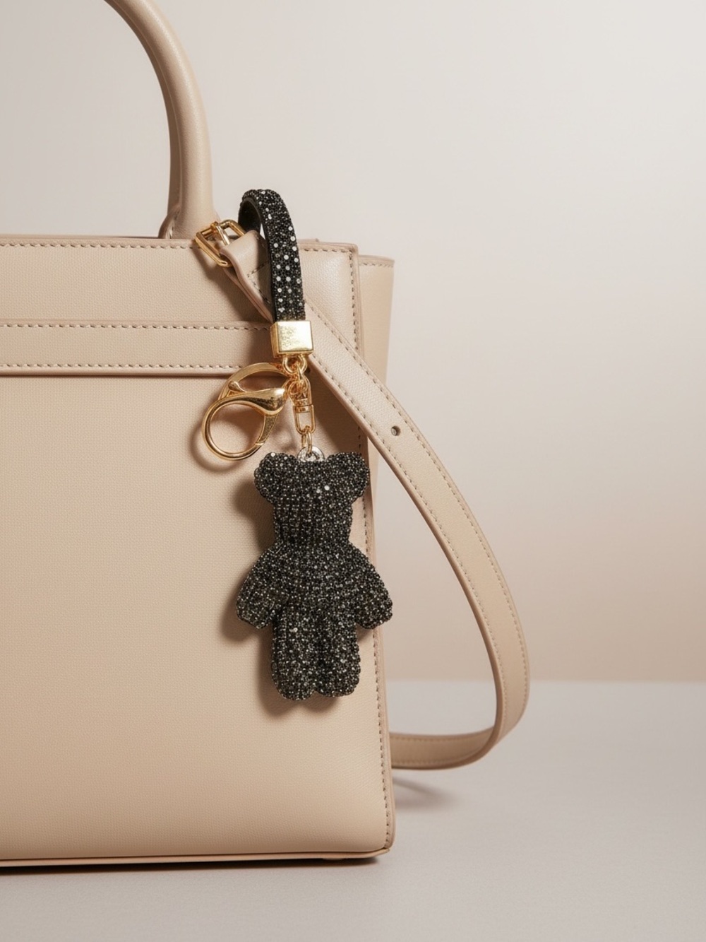 Gold Keyring with Black Crystal Teddy Charm and Strap - Picture 5 of 5